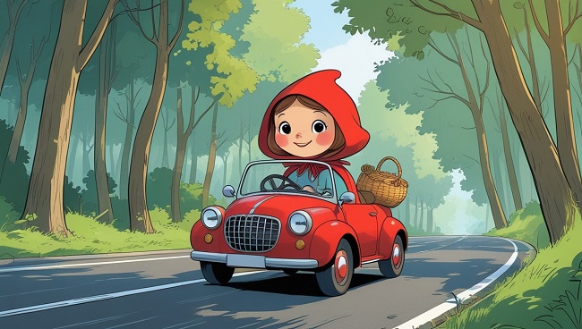 Le Petit Chaperon Rouge conduisant une petite voiture rouge