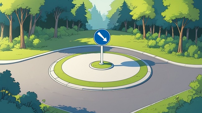 Un îlot central sur une route dans la forêt