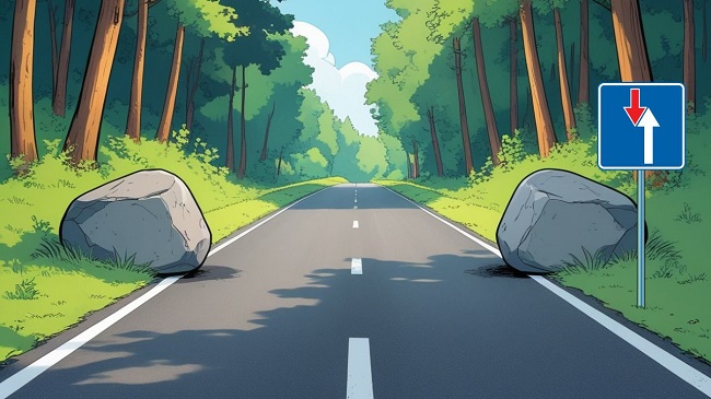 Un rétrécissement de la route dans la forêt