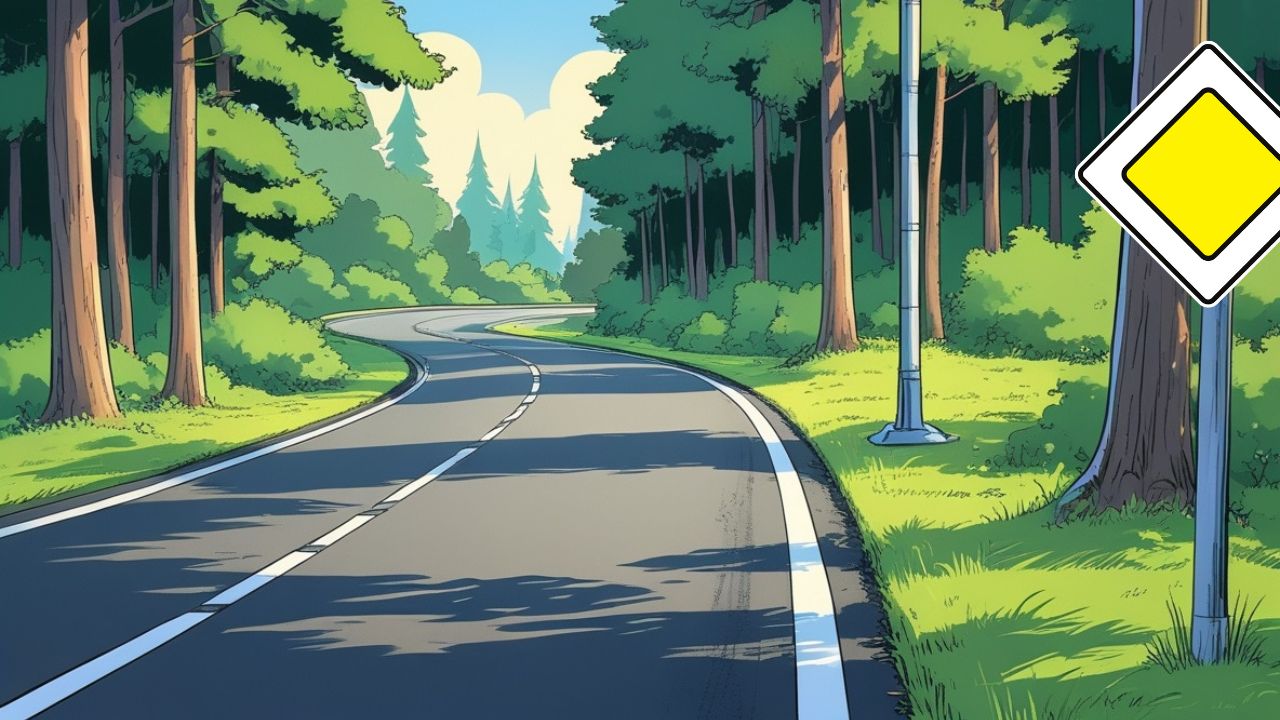 Une route prioritaire dans la forêt avec panneau de priorité