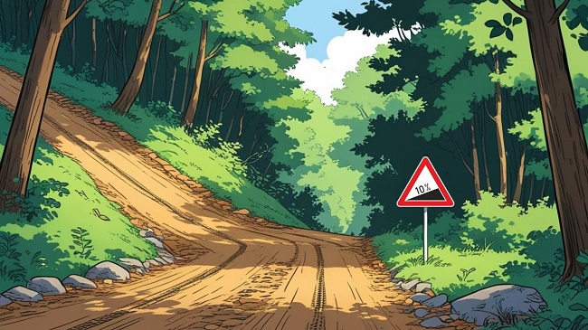 Un chemin forestier raide avec le panneau de route en pente