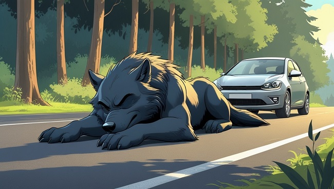 Le grand méchant loup étendu sur l’asphalte après la collision avec une voiture