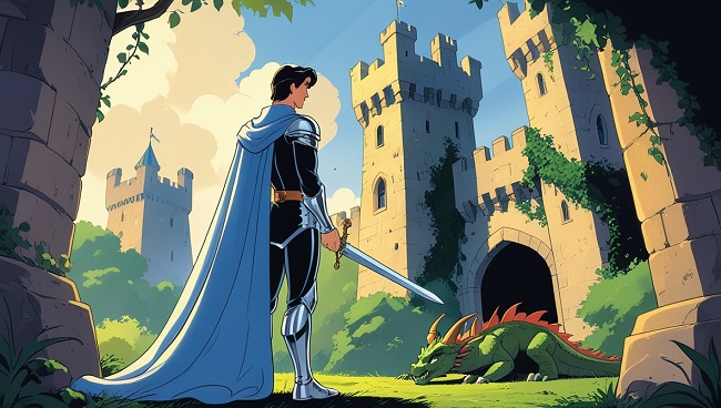 Le prince devant le dragon vaincu et le château de la Belle au bois dormant derrière