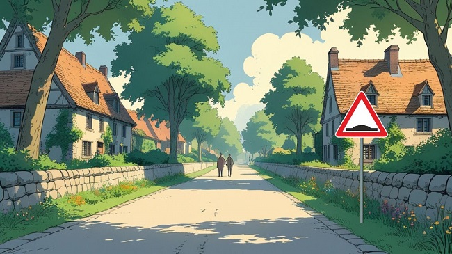 Une rue avec un panneau de danger pour dispositif surélevé