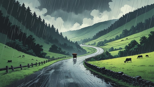 Une route mouillée à cause de la pluie