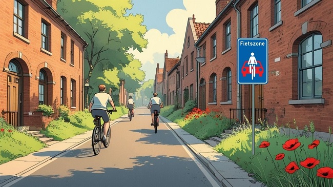 Une rue avec des cyclistes et le panneau début de zone cyclable