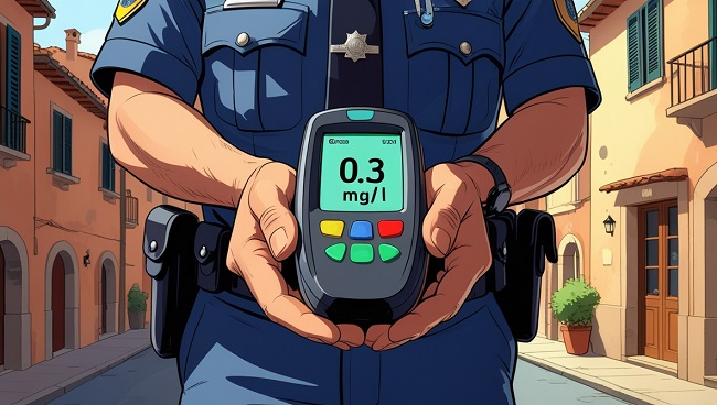 een ademanaluse aparaat in de handen van een politie agent met 0.3 mg/l op het scherm