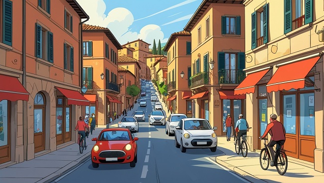 Een drukke straat in een italiaanse kleine stad