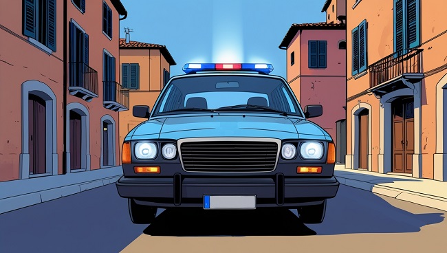 Een politie auto met blauwe zwaailichten aan