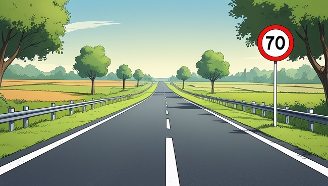Een autoweg met verkeersbord maximumsnelheid 70 km/u