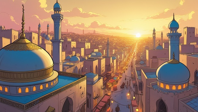 zicht over de stad met zonsondergang