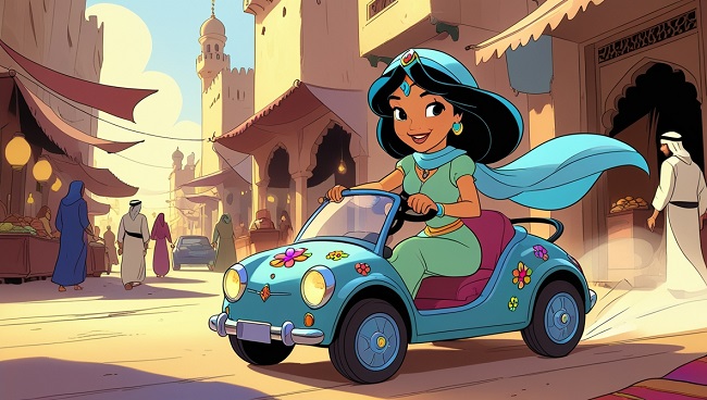 Jasmine rijdt in een kleine auto met bloemen stickers