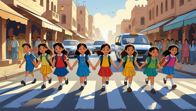 Een groep kinderen die de straat oversteekt