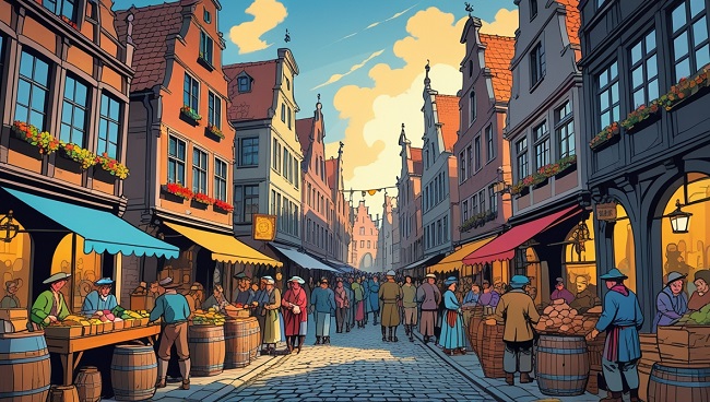 Een drukke middeleeuwse straat in Brussel