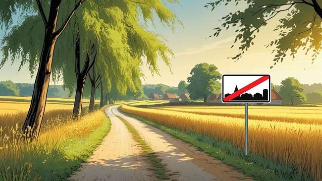 Een aarde weg met velden ernaast en het verkeersbord buiten de bebouwde kom