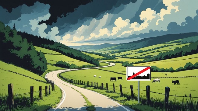 Een weg met het verkeersbord buiten de bebouwde kom