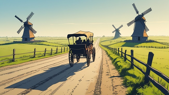 Een koets die op een aarde weg rijdt met windmolens
