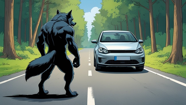 De grote boze wolf voor een auto