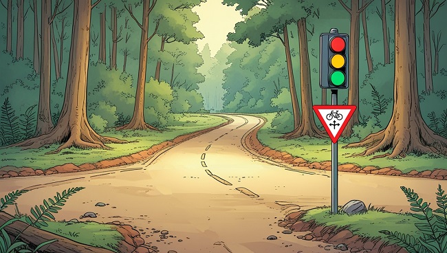 Een kruispunt met een verkeerslicht en het verkeersbord B22