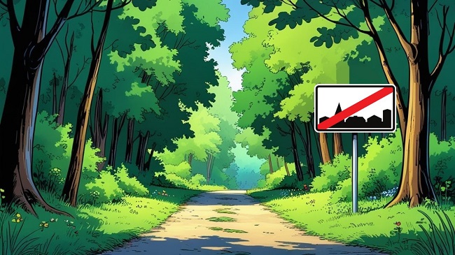 Het verkeersbord eind bebouwde kom op een bosweg
