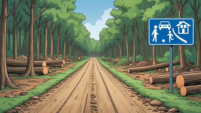 Een bosweg met omgekapte bomen aan de kant en het verkeersbod begin erf