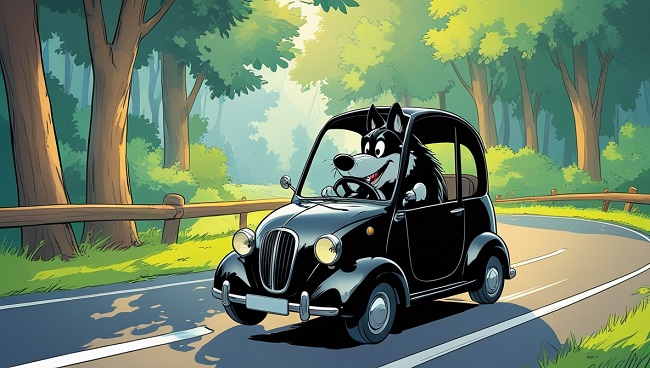 De grote boze wolf die in een zwarte auto rijdt