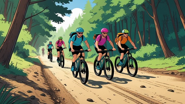 Mountainbikers die op een aardweg rijden in het bos